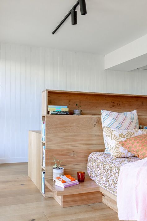 Desk And Bed, Loft Warehouse, Bedroom Partition, Big Headboard, Plywood Headboard, Wall Behind Bed, Timber Bed Frames, Bookshelf Headboard, Timber Beds