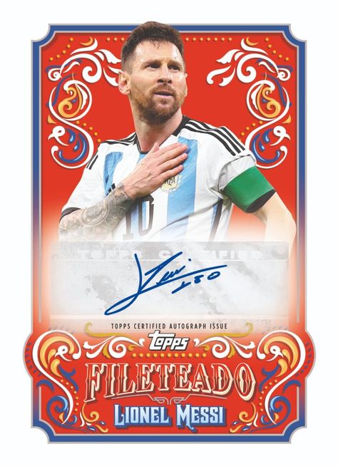 2023 Topps Argentina Fileteado brings the distinct style to AFA soccer collectors. Look for limited autographs and sketch cards. Sketch Cards, Soccer Cards, Football Stickers, Stinger, Custom Cards, Christmas Wishlist, Lionel Messi, Champions League, Autograph