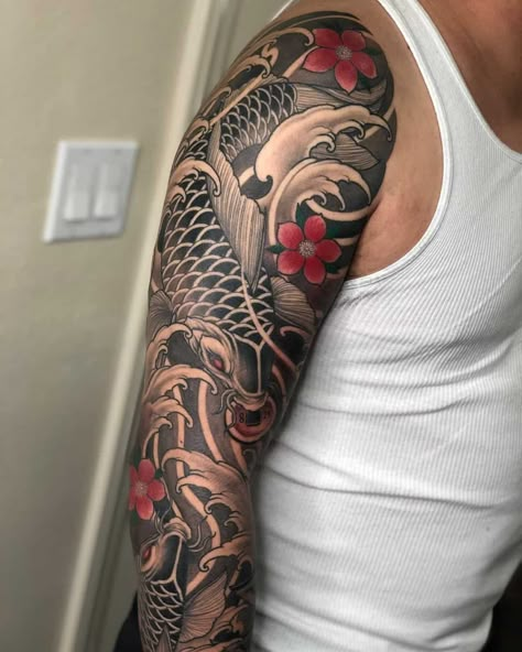 Japanese Water Tattoo, Types Of Tattoos, Dragon Tattoo Chest, Koi Tattoo Sleeve, Tattoo Ideas Males, Dragon Sleeve Tattoos, Full Sleeve Tattoo Design, Men Tattoos Arm Sleeve, Koi Tattoo