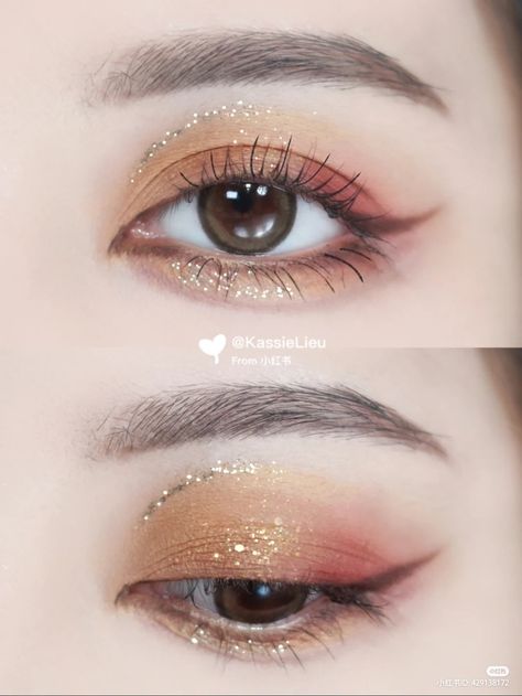 Eye Makeup Chinese, Orange Douyin Makeup, Chinese Eye Makeup, Eye Makeup Guide, Chinese Makeup, Sparkly Makeup, Peach Makeup, Orange Makeup, Korean Eye Makeup