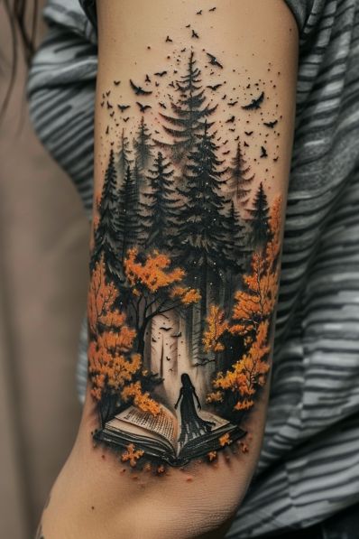 20+ Beautiful Book Lover Tattoo Ideas Trees With Roots Tattoo, Upper Arm Tree Tattoos For Women, Rainy Tattoo Ideas, Fantasy Half Sleeve Tattoo, Book Lover Tattoo Design, Classic Sleeve Tattoo, Fall Nature Tattoo, Adirondack Chair Tattoo, Book And Skull Tattoo