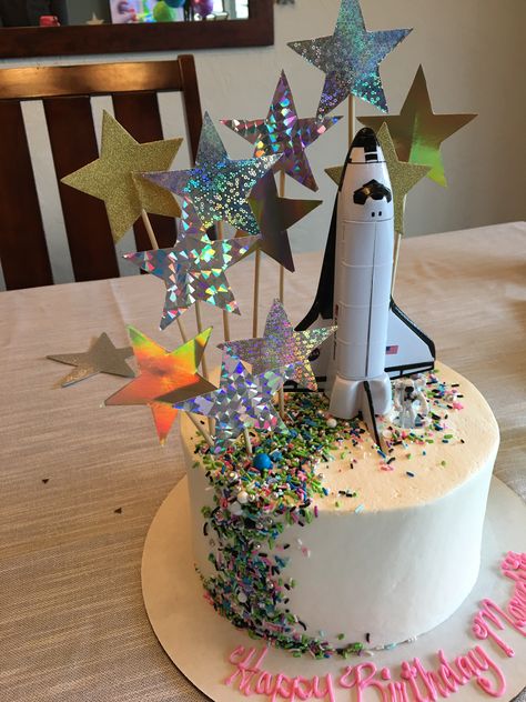 Food For Outer Space Party, Saturn Birthday Party, Space Shuttle Birthday Party, Outer Space Theme Cake, Space Shuttle Cake, Space Fourth Birthday Party, Shoot For The Stars Birthday, Space Third Birthday, Three 2 1 Blast Off Party