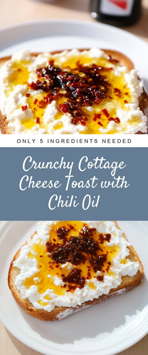 Image for Crunchy Cottage Cheese Toast with Chili Oil Spicy Cottage Cheese, Hot Honey Cottage Cheese Toast, Whipped Cottage Cheese Toast, Cottage Cheese Recipes Savory, Cottage Food Ideas, Cottage Cheese Mix Ins, Savory Cottage Cheese Bowl, Cottage Cheese Breakfast Ideas, Cottage Cheese Toppings