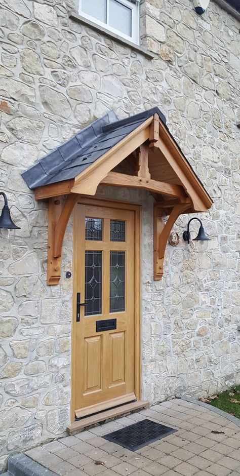 Portico Over Front Door, Front Door Overhang Entrance Porticos, Cottage Portico, Front Door Overhang Entrance, Front Door Portico Ideas, Small Side Porch, Turquoise Shutters, Yellow Siding, Vertical Vinyl Siding