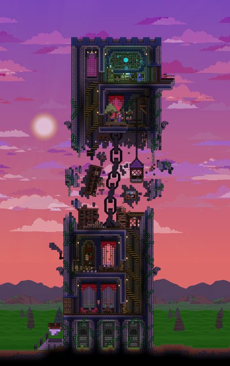 "What is Left of a Wizard's Tower" by PaperAirship Terraria Tower, Terraria Castle, Terrarium Base, Terraria House Ideas, Terraria House Design, Terraria House, Minecraft House Ideas, Minecraft Interior, Minecraft Interior Design