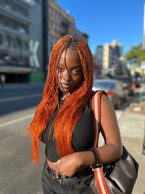 Red And Orange Box Braids, Red Layered Braids, Orange And Black Box Braids, Layered Micro Braids Y2k, Orange Braids Black Women, Ginger Micro Braids, Red Orange Braids, Ginger Short Braids, Ginger Layered Braids