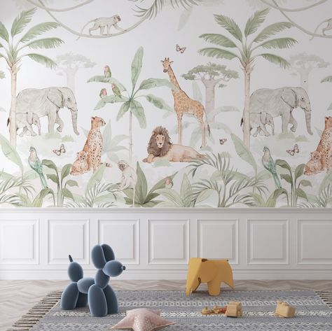 Safari Nursery Wallpaper, Safari Mural, Kindergarten Wallpaper, Jungle Mural, Safari Wallpaper, Wallpaper Shelves, Animal Mural, Nursery Mural, Jungle Nursery