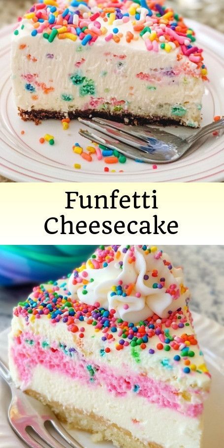 "Funfetti Celebration Cheesecake Delight - A Festive Fusion of Flavors" Indulge in this delicious Funfetti Celebration Cheesecake Delight, featuring a creamy cheesecake layer on top of a funfetti cake bottom. Perfect for birthdays, special occasions, or just because! #FunfettiCheesecake #BirthdayDessert #PartyTreats #RainbowSprinkles #BakingFun #SweetIndulgence #CelebrationDessert #CheesecakeDelight #DessertInspiration Celebration Cheesecake, Cheesecake Delight, Funfetti Cheesecake, Celebration Desserts, Cheesecake Layer, Cake Mix Ingredients, Funfetti Cake Mix, Oil And Water, Birthday Desserts