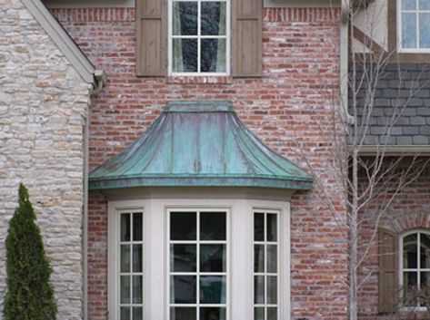 Curved Bay Window, Copper Roofing, Copper Awning, Residential Awnings, Greenhouse Windows, Green Siding, Kitchen Bay Window, Copper House, Roof Flashing