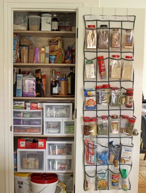 If you laugh at the idea of a tiny spice shelf offering enough space for your collection, you'll love this idea that has 24 different pockets for all of your favorite mealtime flavors. See more at Pretty Providence » Spray Paint Storage, Tiny Pantry, Wrapping Paper Organization, Shoe Caddy, Small Pantry Organization, Shoe Organization, Organized Pantry, Spice Shelf, Hanging Shoe Organizer