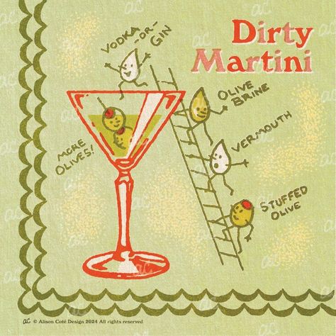 Buy “Dirty Martini - Downloadable Cocktail Art” on Patreon | Alison Coté Design Cocktail Decoration Ideas Party, Cocktail Recipe Design, Drinking Graphics, Martini Aesthetic Vintage, Martini Party Ideas, 60s Cocktails, Vintage Cocktail Poster, Cocktail Graphic Design, Dirty Martini Aesthetic