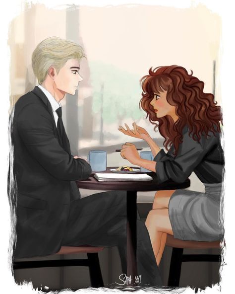 Dramione remain nameless fanart lunch date hermione granger and draco malfoy Remain Nameless Dramione, Hermione Granger And Draco Malfoy, Dark Academia Couple, Harry Potter Epilogue, Remain Nameless, Dramione Art, Ron Weasley Hermione Granger, Draco Malfoy Fanart, Dramione Fan Art