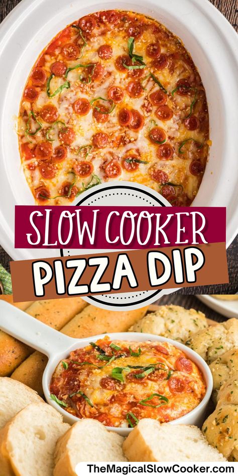 Simple and filled with delicious flavor, this slow cooker pizza dip is sure to be a family favorite. Not to mention, it makes for a great party dip too! With only 10 ingredients and a dump-and-go prep, you can't go wrong with giving this pizza dip recipe a try! - The Magical Slow Cooker Easy Slow Cooker Dips For A Party, Pizza Dip In Crock Pot, Crockpot Appetizers Dips, New Years Eve Appetizers Easy Crock Pot, Crock Pot Dip Recipes For Parties, Easy Crockpot Dips 3 Ingredients, Instant Pot Dips And Appetizers, Crockpot Hot Dips, New Years Eve Crock Pot Ideas