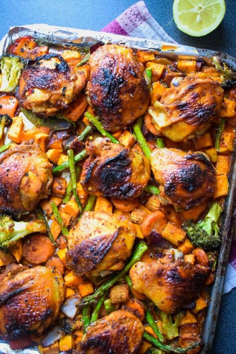 Sheet Pan Honey Smoked Paprika Chicken Thigh With Roast Vegetables Chicken Thigh Sheet Pan, Paprika Chicken Thighs, Smoked Paprika Chicken, Roast Vegetables, Fall Meals, Chicken Recipies, Paprika Chicken, Vegetable Medley, Pan Dinners