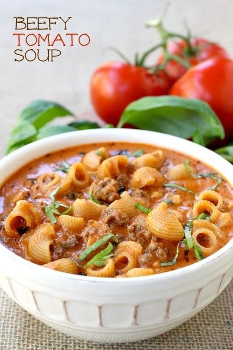 Beefy Tomato Soup Recipe, Macaroni Soup Recipes, Sausage Vegetable Soup, Macaroni Soup, Comforting Dinner, Creamy Tomato Soup, Tomato Soup Recipes, Soup And Sandwich, Easy Soups