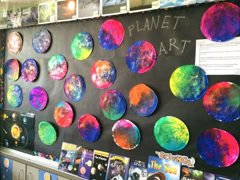 Planets/coffee filter art Space Role Play, Planets Project, Decorations For Kindergarten, Sensory Box Ideas, Space Kindergarten, Space Inquiry, Space Activities Preschool, Science Exhibition Ideas, Outer Space Activities