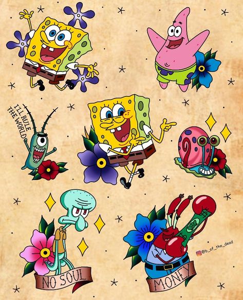 Spongebob Spongebob Tattoo Flash Sheet, Spongebob Character Tattoos, Cool Spongebob Tattoo, Traditional Spongebob Tattoo, Spongebob Tattoo Flash, Spongebob Squarepants Tattoo, Spongebob Tattoo Stencil, Gary Spongebob Tattoo, Gary Tattoo Spongebob