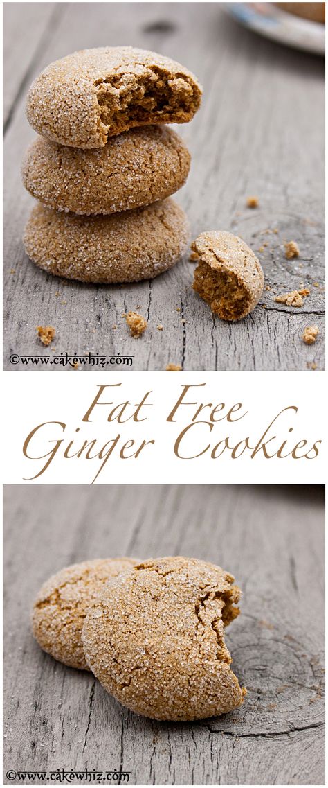 FAT FREE GINGER COOKIES, inspired by David Lebovitz's recipe! Uses no butter, no oil, no shortening and no egg yolks! But, they still taste mind-blowing! From cakewhiz.com Low Fat Gingerbread Cookies, Low Fat Christmas Cookies, Fat Free Cookies Recipe, Low Fat Cookie Recipes, No Butter Cookies, Fat Free Cookies, Fat Free Snacks, Fat Free Desserts, Low Fat Cookies