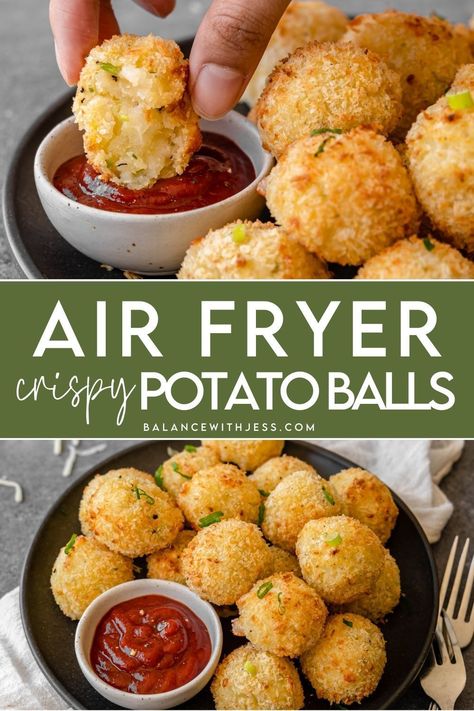 Looking for quick and easy vegetarian appetizers and side dishes? Make these crispy air fryer potato balls! With a soft and cheesy filling, these mashed potato croquettes are the best healthy snacks for Thanksgiving, Christmas and game day. Find these crispy air fryer potato balls and more healthy vegetarian recipes on the blog. Air Fryer Christmas Recipes, Mashed Potato Appetizer, Air Fried Potato Balls, Potato Balls Air Fryer, Quick Air Fryer Snacks, Potato Croquettes Air Fryer, Potato Cheese Balls Air Fryer, Potato Croquettes Recipe Air Fryer, Air Fryer Potatoes