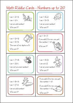 Mystery number game - Guess my number - Printable Math Riddle Cards - Numbers up to 20 for 1st and 2nd graders Math Problems For Kids, Guess My Number, Puzzle Cards, Number Puzzle, Math Riddles, Mathematical Equations, Math Challenge, Free Math Worksheets, Number Puzzles