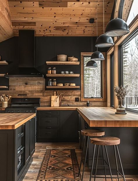 Modern Cabin Kitchen, Dark Wood Kitchen, Log Cabin Kitchen, Mobile Home Renovations, Cabin Interior Design, Log Cabin Interior, Cabin Kitchen, Green Kitchen Cabinets, Casa Country