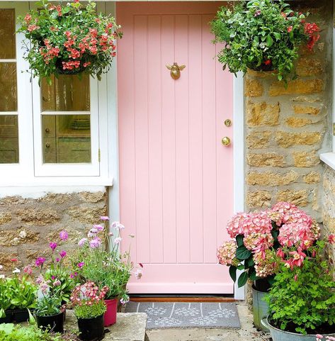 Stay at home and get The English Home delivered to your door. Subscribe for just £7.50 for three issues with the link in our bio and code… Cottage Front Doors, Pink Front Door, Front Door Decal, Mirror Decal, Door Inspiration, Pink Door, Door Decals, English House, Door Color