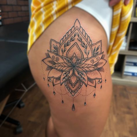 Mandala lotus flower thigh tattoo Lotus Mandala Tattoo Thigh, Lotus Flower Tattoo Thigh Hip, Thigh Tattoos Mandala, Lotus Flower Thigh Tattoo, Lotus Thigh Tattoo, Mandala Lotus Flower Tattoo, Flower Thigh Tattoo, Side Thigh Tattoos Women, Tattoos Mom