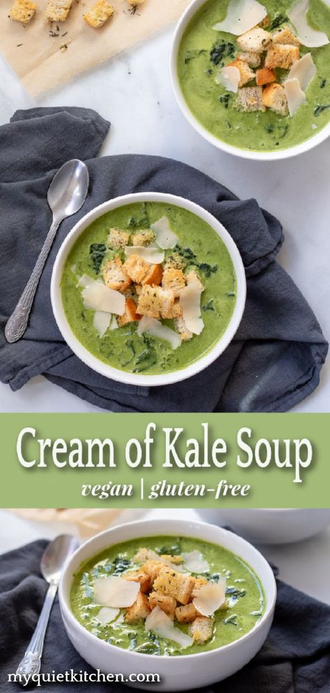 Vegan and gluten-free, this Cream of Kale Soup just might be your favorite new way to eat kale! Quick & easy. #vegan #soup #kale #creamof #coconutmilk #glutenfree Cream Kale, Kale Soup Vegan, Soup Kale, Easy Vegan Soup, Kale Soup Recipes, Lunchbox Recipes, Creamed Kale, Vegetarian Gluten Free, Quick Soup