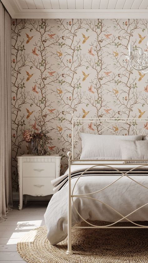 Tree Wallpaper Brown, Floral Bedroom Wallpaper, Branch Wallpaper, Hummingbird Wallpaper, Floral Wallpaper Bedroom, Farmhouse Wallpaper, Cherry Blossom Wallpaper, Spring Bedroom, Floral Bedroom