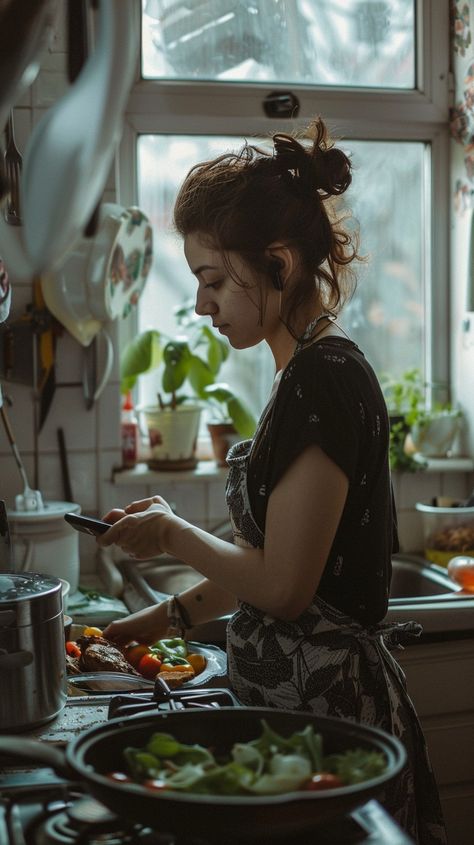 #HomeCooking Moment: A young #woman focused on chopping #vegetables in a cozy, sunlit #kitchen filled with greenery. #AIArt #AIPhoto #StockCake ⬇️ Download and 📝 Prompt 👉 https://stockcake.com/i/home-cooking-moment_639403_1099665 Kitchen Photoshoot Woman, Cooking Reference Pose, Man In Kitchen, Sunlit Kitchen, Cooking Woman, Person Cooking, Woman Cooking, Chopping Vegetables, Health Cooking