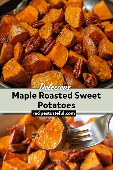 Maple Roasted Sweet Potatoes are a delicious and easy-to-make side dish featuring tender sweet potatoes coated in a sweet and savory maple syrup glaze. Enhanced with optional spices and topped with crunchy nuts, this dish is perfect for any occasion. Thanksgiving Sweet Potato Recipes, Maple Glazed Sweet Potatoes, Maple Syrup Glaze, Best Sweet Potato Casserole, Maple Sweet Potatoes, Sweet Potato Recipes Roasted, Sweet Potato Side Dish, Sweet Potato Sides, Sweet Potato Thanksgiving