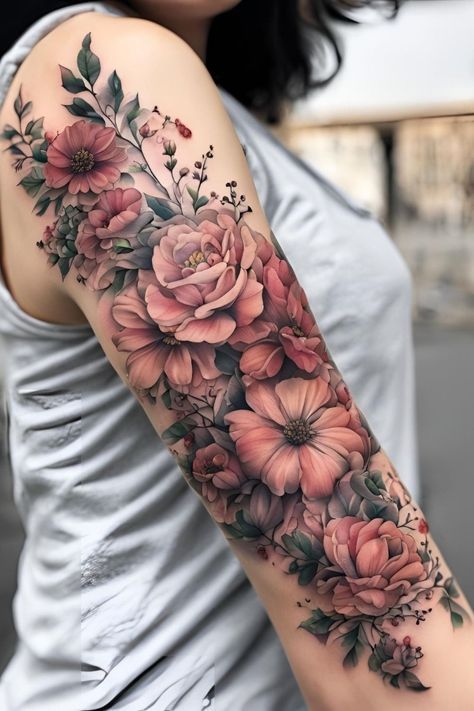 Lower Back Floral Tattoo Cover Up, Bright Floral Tattoo, Female Tattoos Arm, Garden Tattoos For Women, Floral Forearm Tattoo Half Sleeves, Tattoo Cover Up Ideas For Women Arm, Floral Sleeve Tattoos For Women, Floral Half Sleeve Tattoo, Sleeve Tattoo Ideas For Women