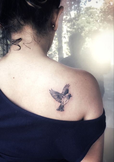 Flying Sparrow Tattoo, Sparrow Tattoo Placement, House Sparrow Tattoo, His Eye Is On The Sparrow Tattoo, Small Sparrow Tattoo, Sparrow Tattoo Meaning, Sparrow Bird Tattoo, Small Sparrow Tattoos, Bird Tattoo Ideas