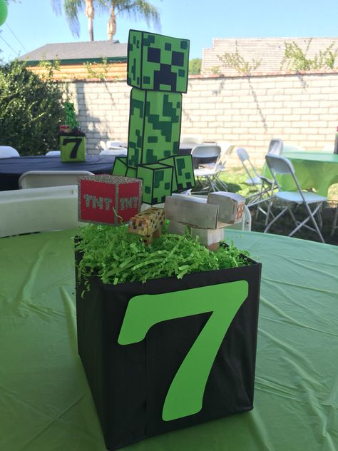 Minecraft centerpiece  by Ecreations Minecraft Table Decor, Minecraft Centerpiece Ideas, Minecraft Centerpiece, Diy Minecraft Birthday Party, Minecraft Bday, Minecraft Party Decorations, Minecraft Theme, 7 Birthday, Simple Birthday Party