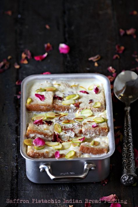 Dessert|Saffron Pistachio Indian Bread Pudding {eggless} ... with Mauviel1830 @thekeybunch #copperware #dessert #Indian #Diwali - Dessert Indian, Pistachio Bread, Shahi Tukda, Indian Pudding, Styling Food Photography, Eggless Desserts, Indian Dessert, Indian Bread, Indian Dessert Recipes