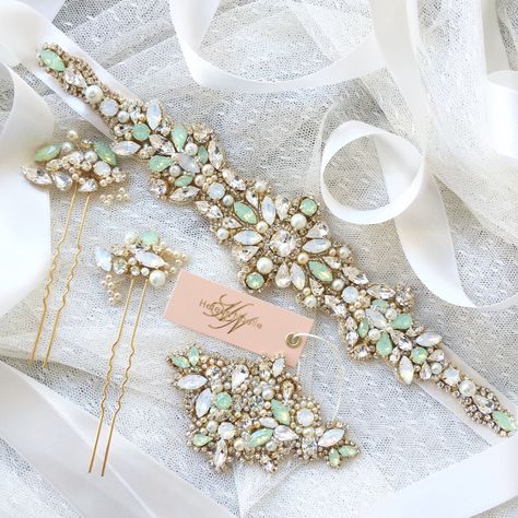 Mint and crystal bridal belt | Created by Helena Noelle Couture on Etsy Bride Collection, Embroidery Dress Pattern, Bridesmaid Belt, Samantha Wedding, Bridal Belts, Crafting Inspiration, Simple Gowns, Wedding Dress Belt, Embroidery Hand