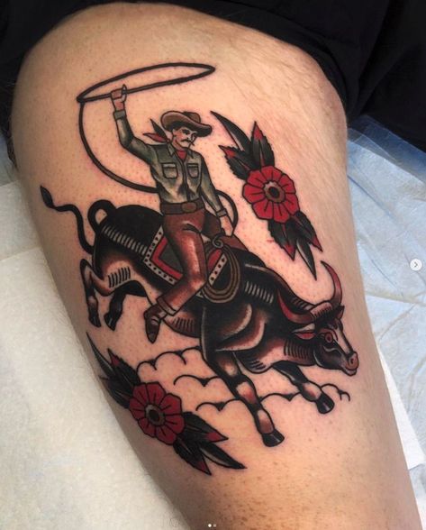 Bullriding Tattoos, American Traditional Cowboy, January Tattoo, Traditional Tattoo Painting, Traditonal Tattoo, Deer Head Tattoo, Cowboy Tattoo, Bull Skull Tattoos, Bull Tattoo