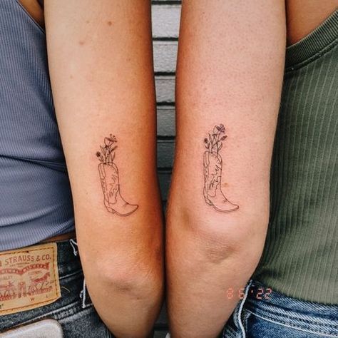 Best Friend Tattoos Cowboy Boots, Cowboy Boot Tattoo Matching, Matching Cowboy Tattoos For Best Friends, Cowboy Boot Tattoo Small Simple, Cowboy Boot Line Tattoo, Western Boot Tattoos For Women, Fineline Best Friend Tattoos, Cute Southern Tattoos For Women, Cowboy Hat And Boots Tattoo Matching