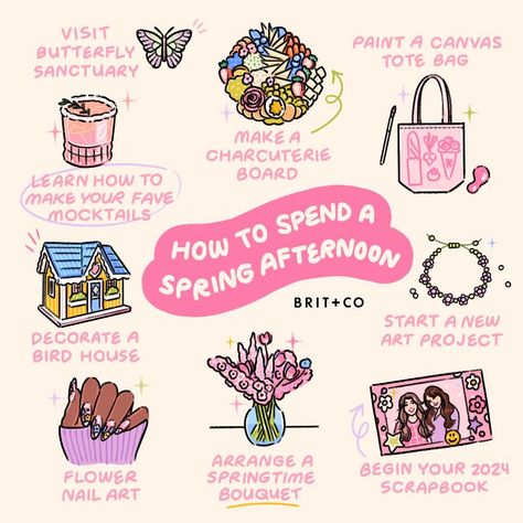 Are you making the most of springtime? Bookmark these fun activities, which are the *perfect* way to spend a spring afternoon. ✨ ⁠ ⁠ learn how to make your favorite mocktails 🍹 ⁠ visit a butterfly sanctuary 🦋 ⁠ make a charcuterie board 🧀 ⁠ paint a canvas tote bag 🎨 ⁠ start a new art project 🪡 ⁠ begin your 2024 📔 ⁠ arrange a springtime bouquet 💐 ⁠ diy flower nail art 💅 ⁠ decorate a bird house 🦜 ⁠ ⁠ #romanticizeyourlife #selflove #selfcare #selflovetips #budgetfriendly #maincharacter #thingstod... Diy Flower Nail Art, Paint A Canvas, Make A Charcuterie Board, Butterfly Sanctuary, Spring Afternoon, Make Him Chase You, Date Night Outfit Summer, A Charcuterie Board, Flower Nail