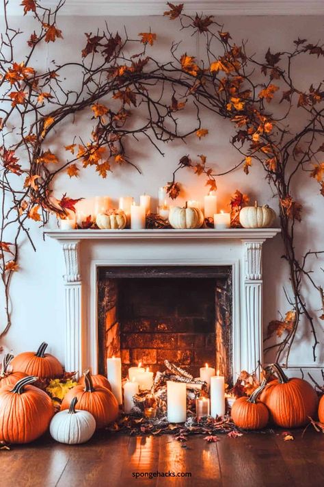 31 Fall Mantle Decor Ideas (for the Fireplace) Whimsical Mantle Decor, Autumn Mantle Decor, Large Mantle Decorating Ideas, Thanksgiving Fireplace, Autumn Mantle, Rustic Fireplace Decor, Fall Fireplace Decor, Fall Magic, Fall Mantle Decor