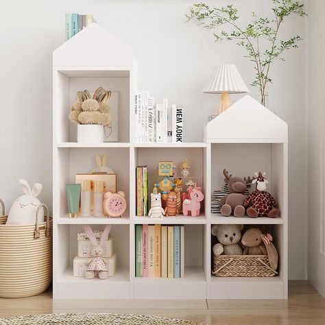 House Shaped Shelves, Kids Toy Organization Living Room, Book Shelves For Kids Room, Little People Toy Storage, Toy Shelf Organization, Girls Toy Room, Small Kids Room Organization, Toy Cabinet Storage, Kids Bookshelf Ideas