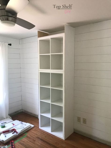 Kallax Floor To Ceiling, Floor To Ceiling Cube Storage, Kallax Storage Wall, Homeschool Cube Storage, Stacking Kallax Shelves, Kallax Bathroom Storage, Diy Storage Shelves Bedroom, Kallax Vertical, Ikea Kallax Closet Hack