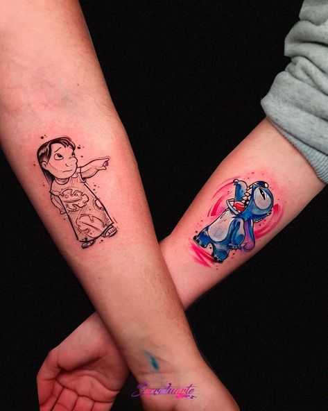 24 Lilo and Stitch Tattoos You Will Love - Body Artifact Lilo And Stitch Inspired Tattoos, Lilo And Stitch Tattoo Ideas Matching, Lili And Stitch Tattoo, Lilo And Stitch Couple Tattoo, Lilo And Stitch Tattoo Matching, Matching Tattoo Ideas For Sisters, Lilo And Stitch Tattoos, Disney Matching Tattoos, Lilo And Stitch Tattoo Ideas