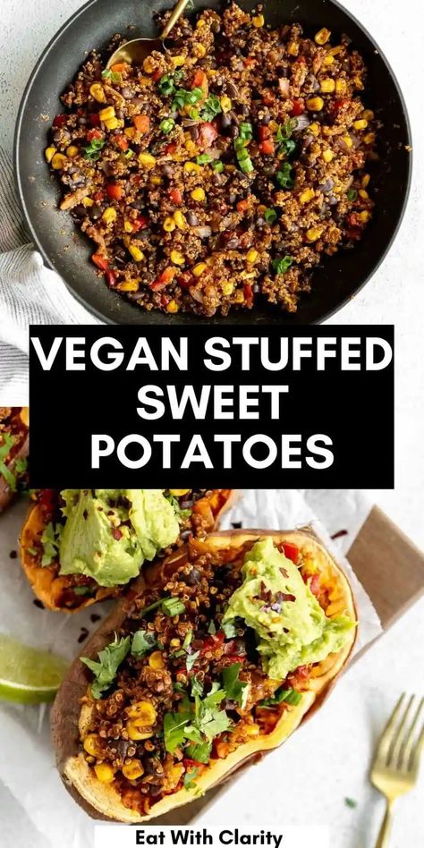 Sweet Potato Health Benefits, Vegan Sweet Potato Recipes, Lunch Vegetables, Sweet Potato Dinner, Quinoa Sweet Potato, Vegan Entrees, Mexican Quinoa, Sweet Potato Recipe, Stuffed Sweet Potatoes