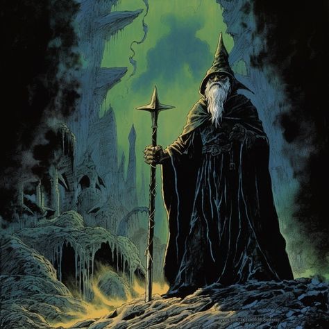 Zaza Wizard, Retro Fantasy Aesthetic, Evil Wizard Aesthetic, Cool Wizard Art, Wizard Pictures, Dark Fantasy Wizard, 80s Dark Fantasy Art, Wizard Pfp, Dark Wizard Aesthetic