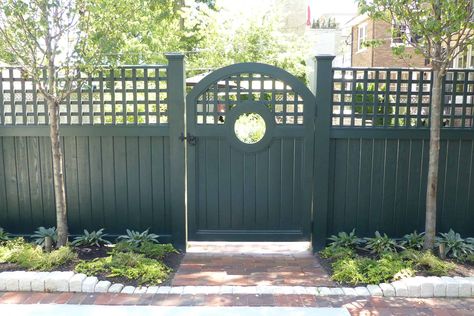 Porch Lattice, Craftsman Landscaping, Lattice Fence Panels, Fence With Lattice Top, Wooden Fence Gate, Chicago Landscape, Wooden Garden Gate, New England Garden, Garden Gate Design