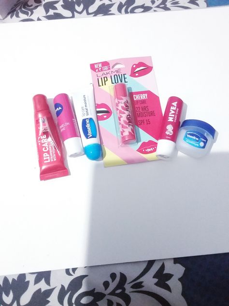 Apollo life strawberry, Nivea watermelon, vaseline -2, lakme lip love, Nivea princess cherry Lakme Lip Balm, Nivea Lip Balm, Lip Balm Collection, Lip Smackers, Body Scrubs, Spf 15, Lip Moisturizer, Vaseline, Body Scrub