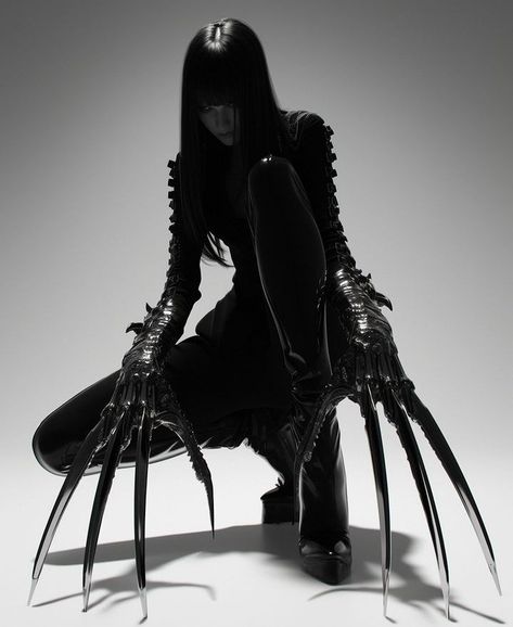 Sacrifice Pose Reference, Evil Woman Pose Reference, Claws Pose Reference, Tech Goth Fashion, Black Paint Photoshoot, Claw Hand Pose, Dark Pose Reference, Goth Pose Reference, Spooky Pose Reference