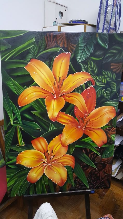 Big Drawings Ideas Canvases, Tropical Painting Acrylic, Lilly Painting Easy, Lilly Acrylic Painting, Nature Paintings Acrylic Easy, Tiger Lily Painting, Water Painting Ideas, Lilly Painting, Plant Paintings