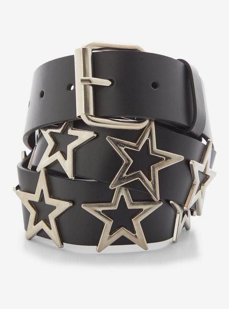 Black & Silver Star Faux Leather Belt | Hot Topic Rave Accessories Men, Cool Belts Fashion, Spiky Belt, Rock Star Clothes, Cool Belts, Belt Grunge, Lauren Sanderson, Wonderland Outfit, Star Belt